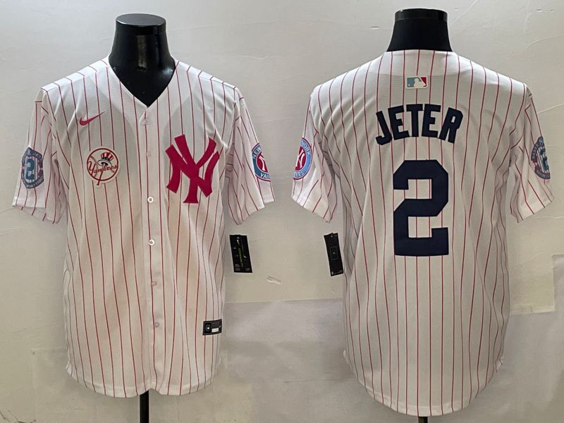 Men New York Yankees #2 Jeter White Stripe Jointly Name Nike 2025 MLB Jersey style 7